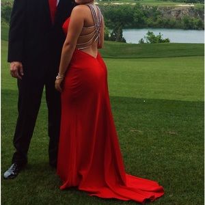 Red Beaded back detail prom dress